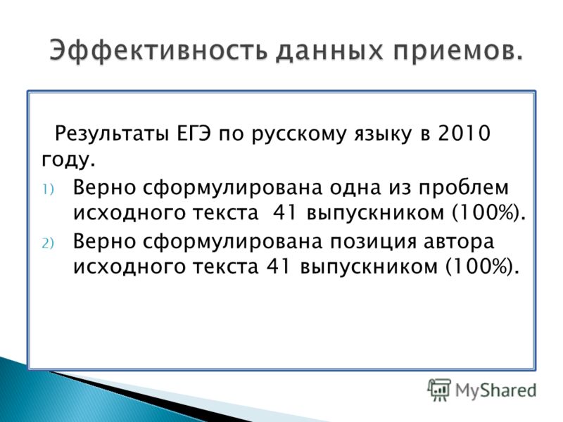 Результаты ЕГЭ по русскому языку в 2010 году. 1) Верно сформулирована одна из проблем исходного текста 41 выпускником (100%). 2) Верно сформулирована позиция автора исходного текста 41 выпускником (100%).