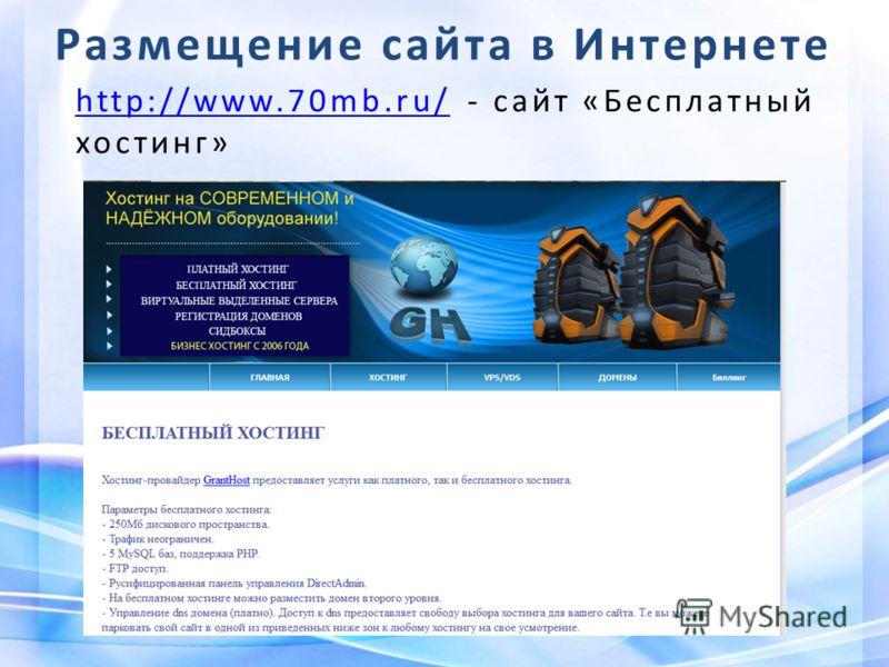Размещение сайта в Интернете http://www.70mb.ru/http://www.70mb.ru/ - сайт «Бесплатный хостинг»
