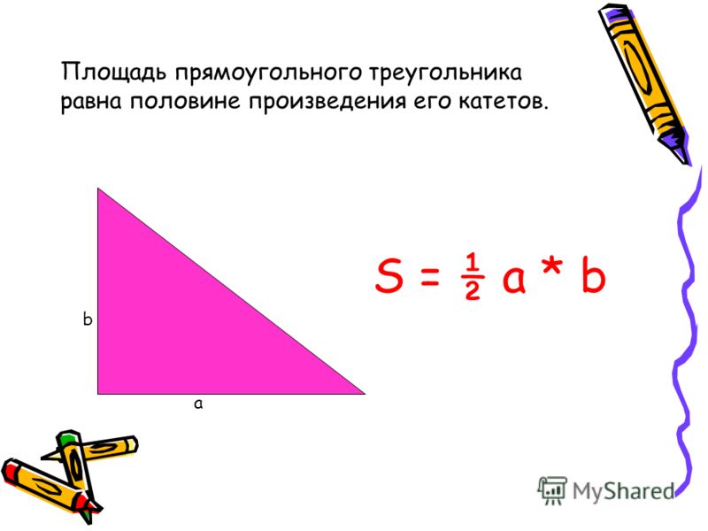 Площадь прямоугольного треугольника равна половине произведения его катетов. а b S = ½ a * b