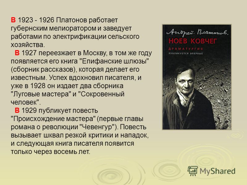 В 1923 - 1926 Платонов работает губернским мелиоратором и заведует работами по электрификации сельского хозяйства. В 1927 переезжает в Москву, в том же году появляется его книга 