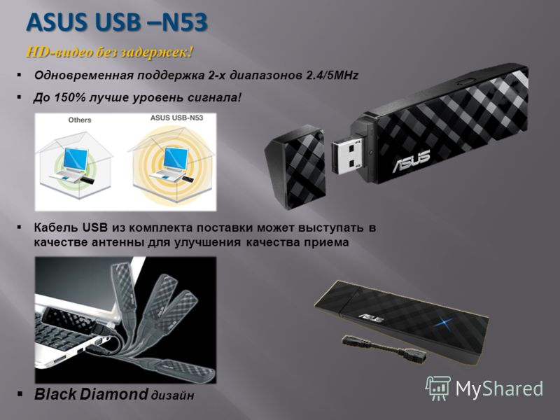 Одновременная поддержка 2-х диапазонов 2.4/5MHz До 150% лучше уровень сигнала! Кабель USB из комплекта поставки может выступать в качестве антенны для улучшения качества приема Black Diamond дизайн ASUS USB –N53 HD-видео без задержек!