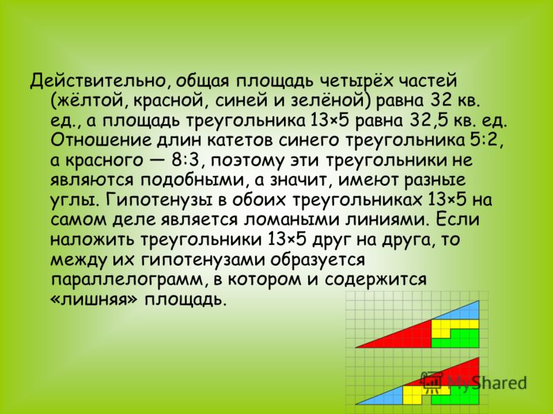 Действительно, общая площадь четырёх частей (жёлтой, красной, синей и зелёной) равна 32 кв. ед., а площадь треугольника 13×5 равна 32,5 кв. ед. Отношение длин катетов синего треугольника 5:2, а красного 8:3, поэтому эти треугольники не являются подоб