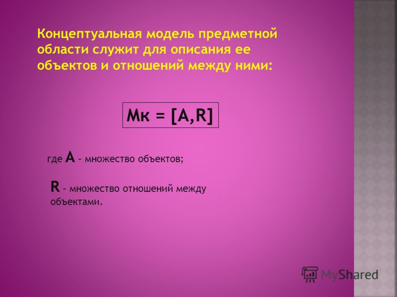 Концептуальная модель предметной области служит для описания ее объектов и отношений между ними: Мк = [A,R] где А – множество объектов; R – множество отношений между объектами.