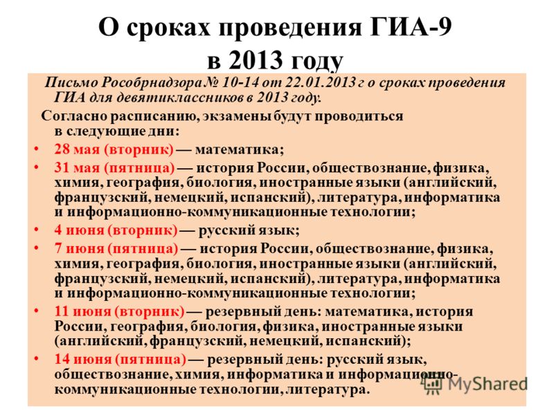 О сроках проведения ГИА-9 в 2013 году Письмо Рособрнадзора 10-14 от 22.01.2013 г о сроках проведения ГИА для девятиклассников в 2013 году. Согласно расписанию, экзамены будут проводиться в следующие дни: 28 мая (вторник) математика; 31 мая (пятница) 