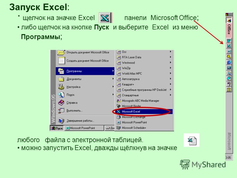 Запуск Excel: · щелчок на значке Excel панели Microsoft Office ; либо щелчок на кнопке Пуск и выберите Excel из меню Программы ; любого файла с электронной таблицей. можно запустить Excel, дважды щёлкнув на значке