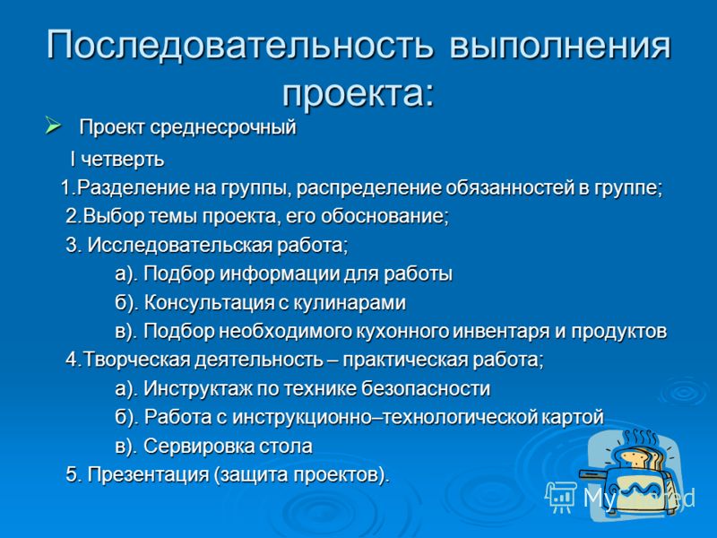 Последовательность выполнения проекта: Проект среднесрочный Проект среднесрочный I четверть 1.Разделение на группы, распределение обязанностей в группе; 1.Разделение на группы, распределение обязанностей в группе; 2.Выбор темы проекта, его обосновани