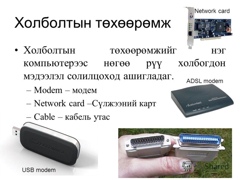 Холболтын төхөөрөмж Холболтын төхөөрөмжийг нэг компьютерээс нөгөө рүү холбогдон мэдээлэл солилцоход ашигладаг. –Modem – модем –Network card –Сүлжээний карт –Cable – кабель утас USB modem ADSL modem Network card