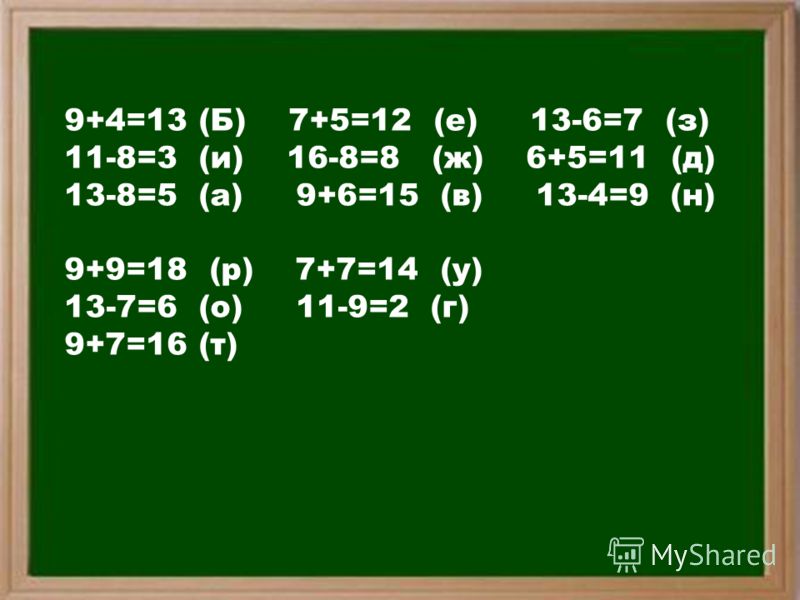 9+4=13 (Б) 7+5=12 (е) 13-6=7 (з) 11-8=3 (и) 16-8=8 (ж) 6+5=11 (д) 13-8=5 (а) 9+6=15 (в) 13-4=9 (н) 9+9=18 (р) 7+7=14 (у) 13-7=6 (о) 11-9=2 (г) 9+7=16 (т)