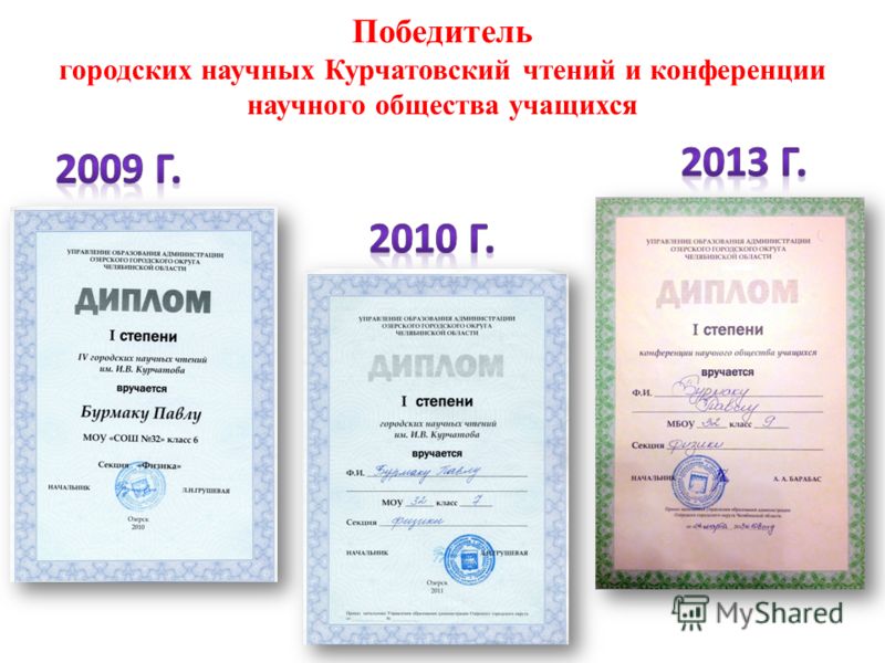 Победитель городских научных Курчатовский чтений и конференции научного общества учащихся