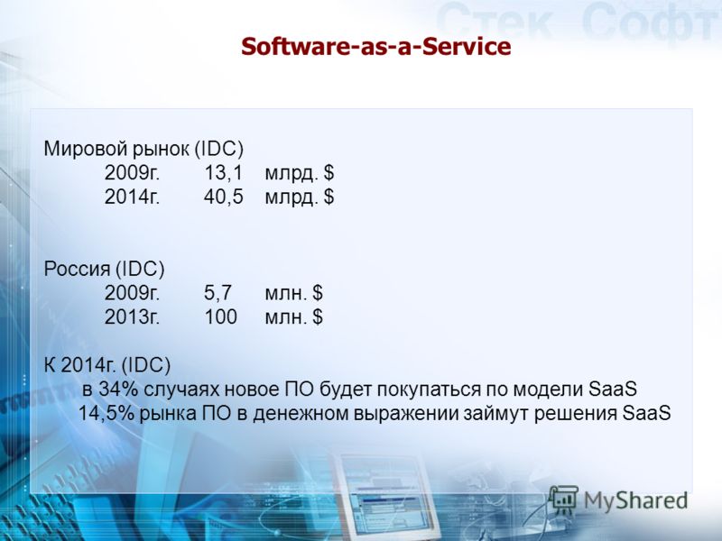 Software-as-a-Service Мировой рынок (IDC) 2009г. 13,1 млрд. $ 2014г. 40,5 млрд. $ Россия (IDC) 2009г. 5,7 млн. $ 2013г. 100 млн. $ К 2014г. (IDC) в 34% случаях новое ПО будет покупаться по модели SaaS 14,5% рынка ПО в денежном выражении займут решени