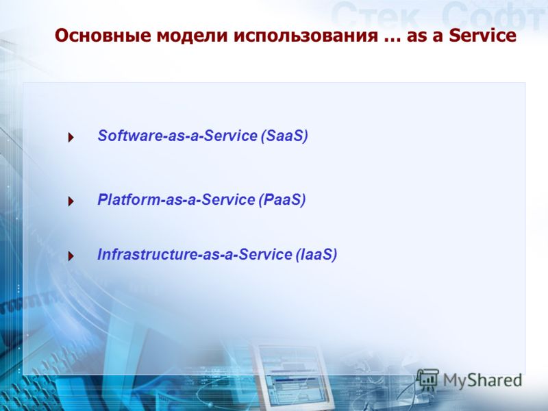 Основные модели использования … as a Service Software-as-a-Service (SaaS) Platform-as-a-Service (PaaS) Infrastructure-as-a-Service (IaaS)