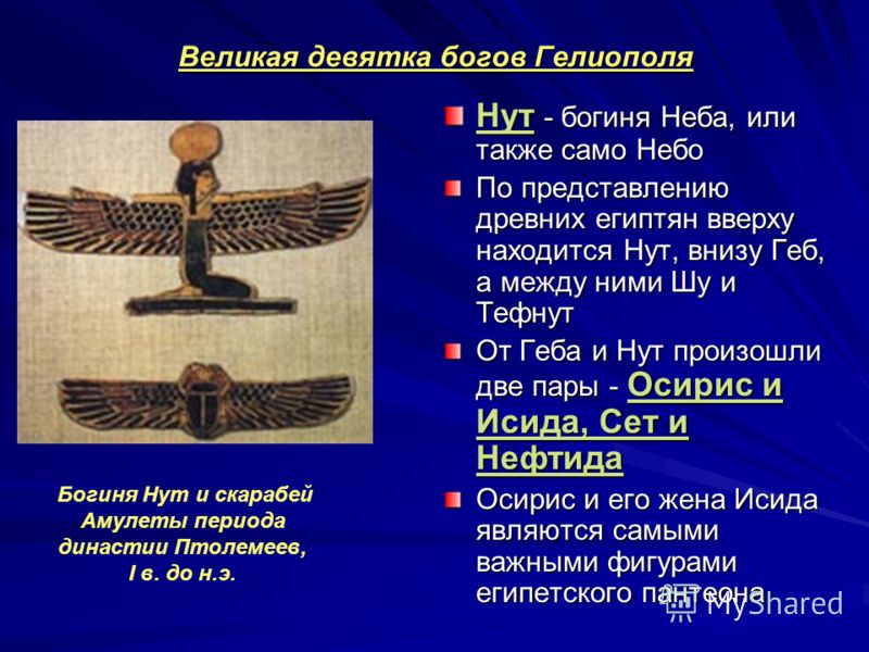 Великая девятка богов Гелиополя Нут - богиня Неба, или также само Небо По представлению древних египтян вверху находится Нут, внизу Геб, а между ними Шу и Тефнут От Геба и Нут произошли две пары - Осирис и Исида, Сет и Нефтида Осирис и его жена Исида