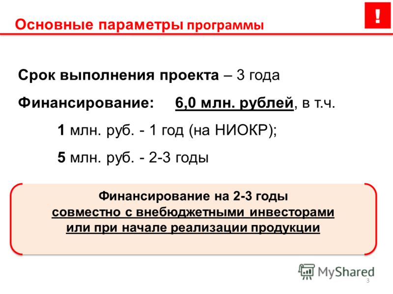 3 Основные параметры программы Срок выполнения проекта – 3 года Финансирование: 6,0 млн. рублей, в т.ч. 1 млн. руб. - 1 год (на НИОКР); 5 млн. руб. - 2-3 годы Финансирование на 2-3 годы совместно с внебюджетными инвесторами или при начале реализации 