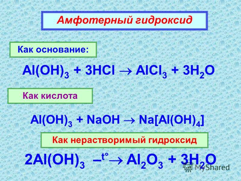 Амфотерный гидроксид Как основание: Al(OH) 3 + 3HCl AlCl 3 + 3H 2 O Как кислота Al(OH) 3 + NaOH Na[Al(OH) 4 ] 2Al(OH) 3 – t Al 2 O 3 + 3H 2 O Как нерастворимый гидроксид