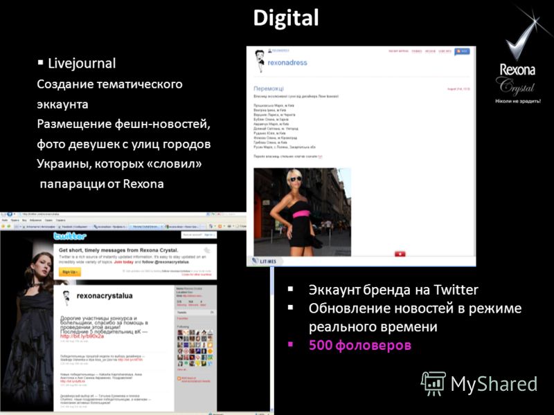 Digital Livejournal Создание тематического эккаунта Размещение фешн-новостей, фото девушек с улиц городов Украины, которых «словил» папарацци от Rexona Эккаунт бренда на Twitter Обновление новостей в режиме реального времени 500 фоловеров