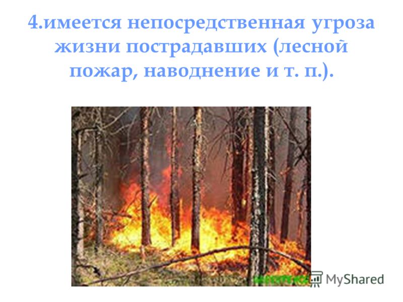 4.имеется непосредственная угроза жизни пострадавших (лесной пожар, наводнение и т. п.).