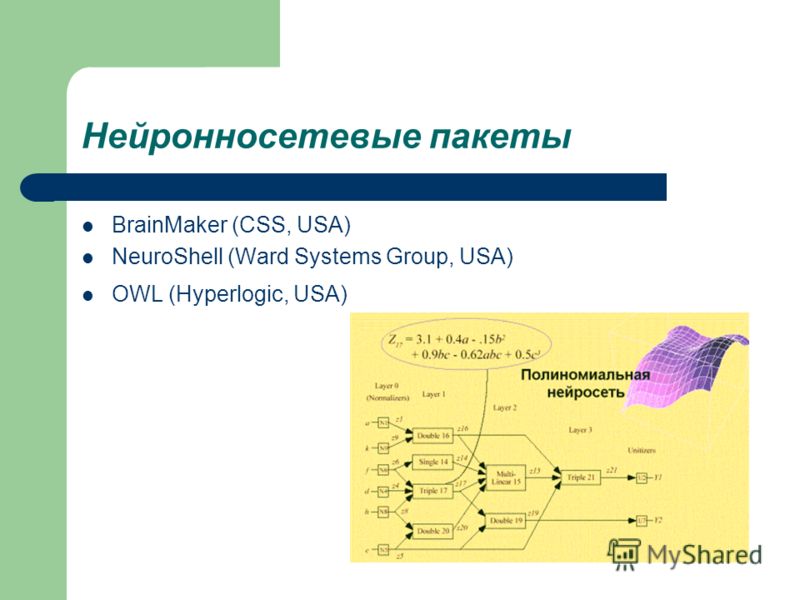 Нейроннoсетевые пакеты BrainMaker (CSS, USA) NeuroShell (Ward Systems Group, USA) OWL (Hyperlogic, USA)