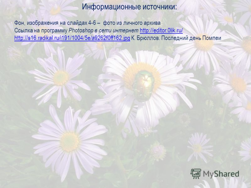 Информационные источники: Фон, изображения на слайдах 4-6 – фото из личного архива Ссылка на программу Photoshop в сети интернет http://editor.0lik.ru/ http://editor.0lik.ru/ http://s16.radikal.ru/i191/1004/5e/a9262f0ff162.jpghttp://s16.radikal.ru/i1
