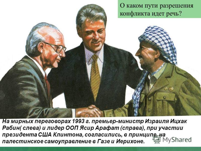 На мирных переговорах 1993 г. премьер-министр Израиля Ицхак Рабин( слева) и лидер ООП Ясир Арафат (справа), при участии президента США Клинтона, согласились, в принципе, на палестинское самоуправление в Газе и Иерихоне. О каком пути разрешения конфли