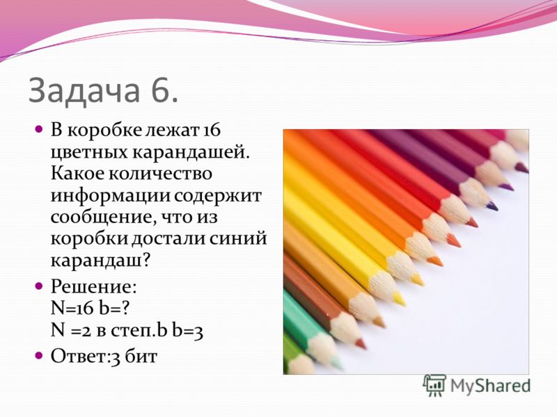 Задача 6. В коробке лежат 16 цветных карандашей. Какое количество информации содержит сообщение, что из коробки достали синий карандаш? Решение: N=16 b=? N =2 в степ.b b=3 Ответ:3 бит