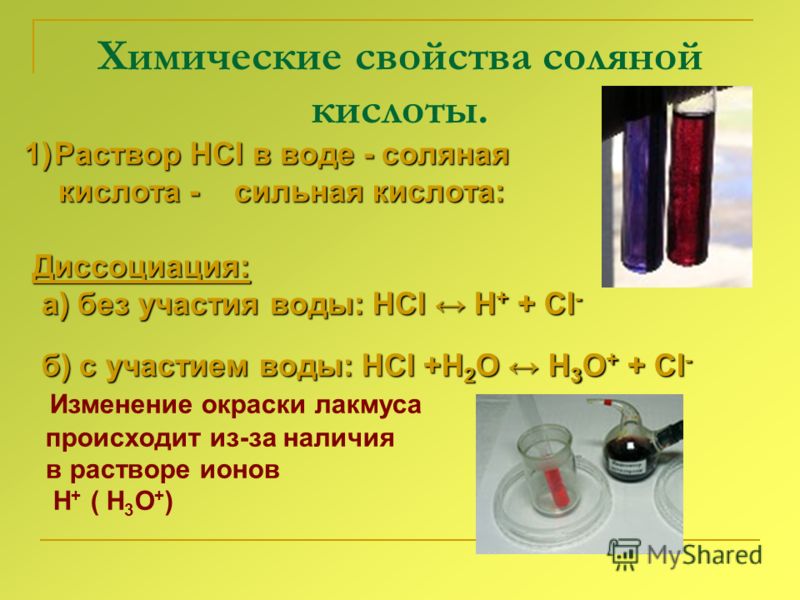 Химические свойства соляной кислоты. 1)Раствор HCl в воде - соляная кислота - сильная кислота: кислота - сильная кислота: Диссоциация: Диссоциация: а) без участия воды: HCl H + + Cl - а) без участия воды: HCl H + + Cl - б) с участием воды: HCl +H 2 O