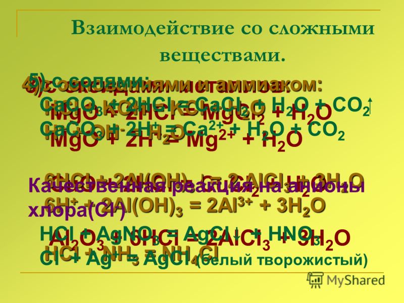 Взаимодействие со сложными веществами. 3)с оксидами металлов: MgO + 2HCl = MgCl 2 + H 2 O MgO + 2H + = Mg 2+ + H 2 O CuO + 2HCl = CuCl 2 + H 2 O Al 2 O 3 + 6HCl = 2AlCl 3 + 3H 2 O 4)с основаниями и аммиаком: HCl + KOH = KCl + H 2 O HCl + KOH = KCl + 