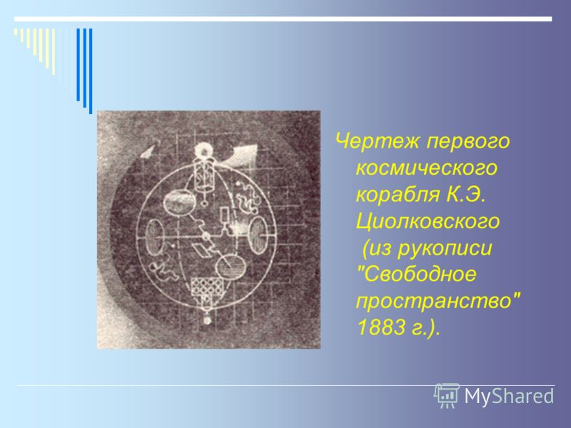 Чертеж первого космического корабля К.Э. Циолковского (из рукописи Свободное пространство 1883 г.).