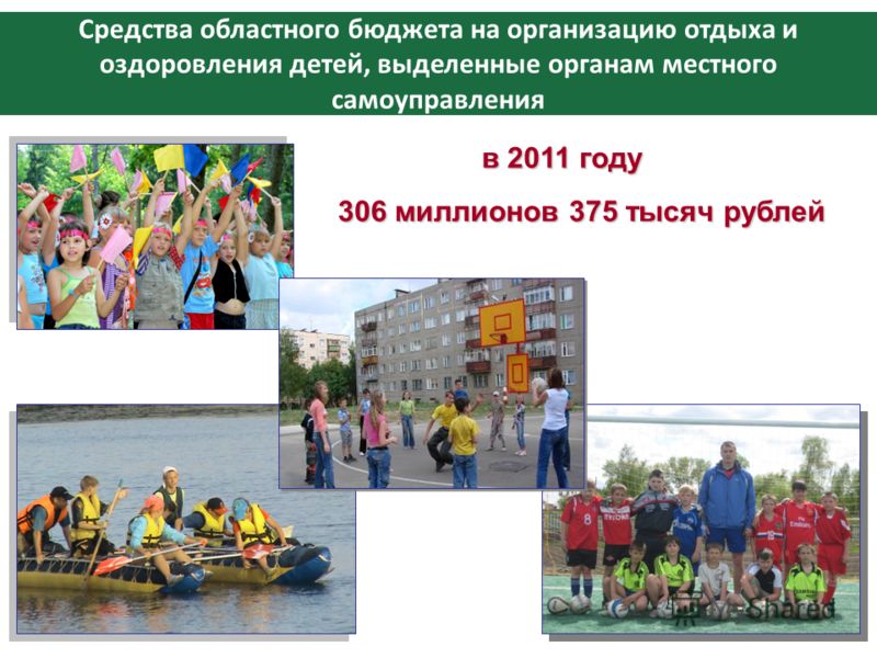Средства областного бюджета на организацию отдыха и оздоровления детей, выделенные органам местного самоуправления в 2011 году 306 миллионов 375 тысяч рублей