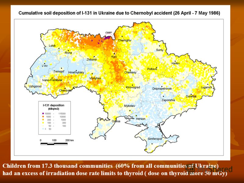 Children from 17.3 thousand communities (60% from all communities of Ukraine) had an excess of irradiation dose rate limits to thyroid ( dose on thyroid more 50 mGy)