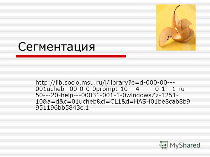 Сегментация http://lib.socio.msu.ru/l/library?e=d-000-00--- 001ucheb--00-0-0-0prompt-10---4------0-1l--1-ru- 50---20-help---00031-001-1-0windowsZz-1251- 10&a=d&c=01ucheb&cl=CL1&d=HASH01be8cab8b9 951196bb5843c.1