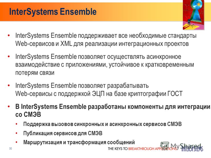 InterSystems Ensemble InterSystems Ensemble поддерживает все необходимые стандарты Web-сервисов и XML для реализации интеграционных проектов InterSystems Ensemble позволяет осуществлять асинхронное взаимодействие с приложениями, устойчивое к кратковр