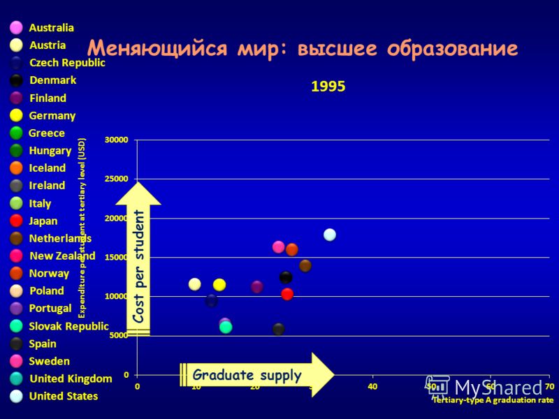 Expenditure per student at tertiary level (USD) Tertiary-type A graduation rate Graduate supply Cost per student Меняющийся мир: высшее образование