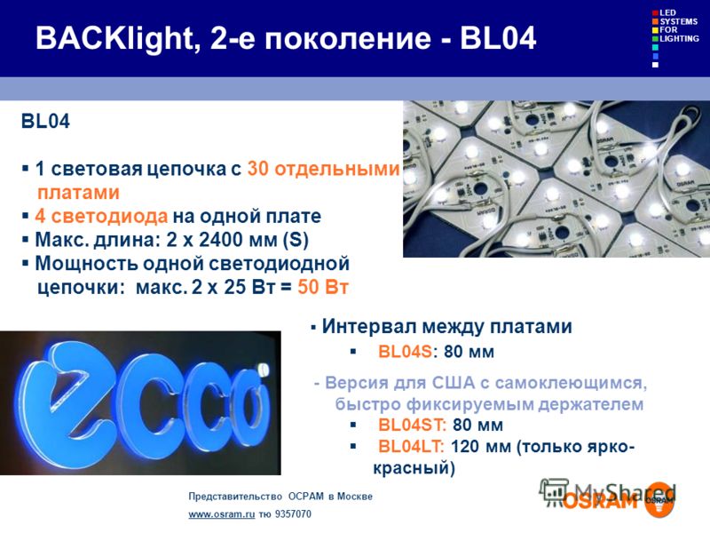 Представительство ОСРАМ в Москве www.osram.ruwww.osram.ru тю 9357070 LED SYSTEMS FOR LIGHTING BACKlight, 2-е поколение - BL04 BL04 1 световая цепочка с 30 отдельными платами 4 светодиода на одной плате Макс. длина: 2 x 2400 мм (S) Мощность одной свет