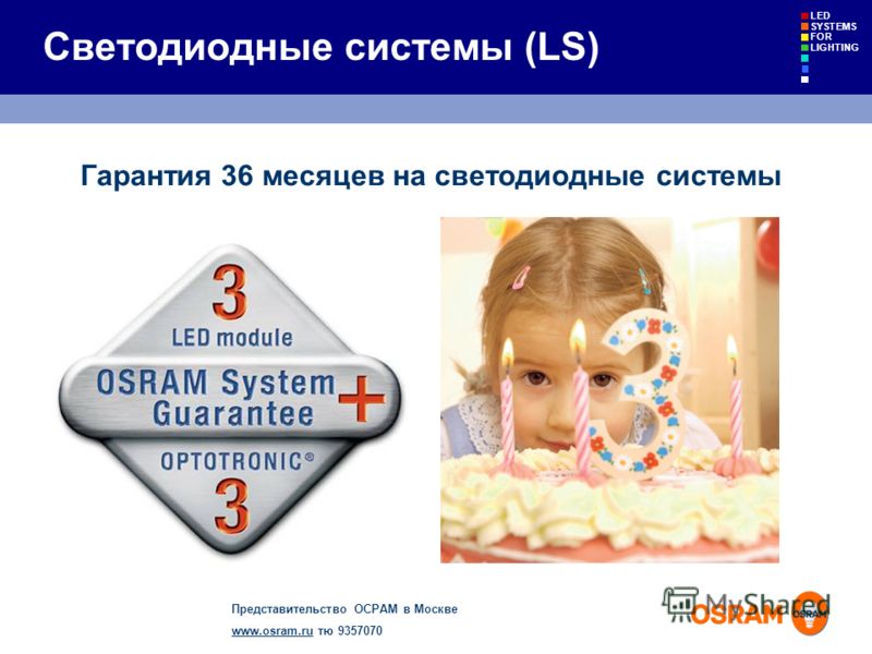 Представительство ОСРАМ в Москве www.osram.ruwww.osram.ru тю 9357070 LED SYSTEMS FOR LIGHTING Светодиодные системы (LS) Гарантия 36 месяцев на светодиодные системы