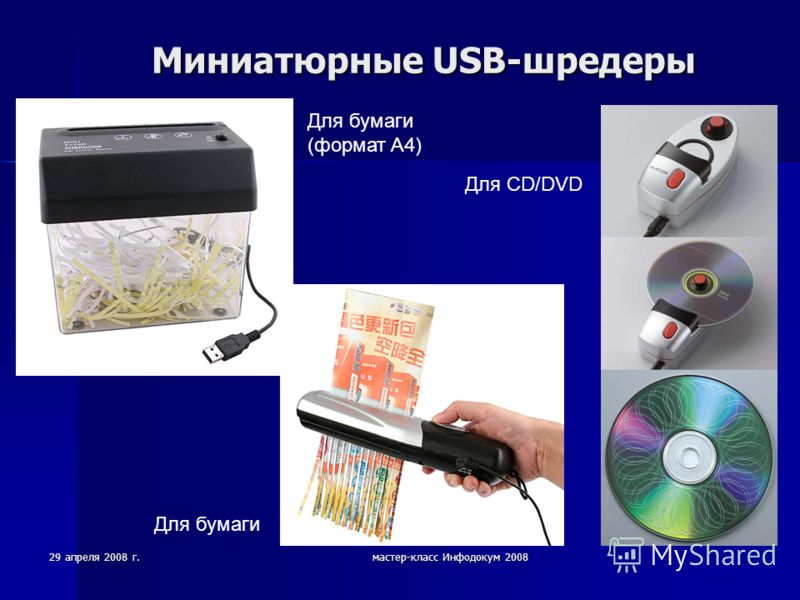 29 апреля 2008 г.мастер-класс Инфодокум 2008 Миниатюрные USB-шредеры Для бумаги (формат A4) Для бумаги Для CD/DVD