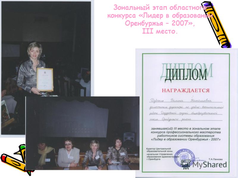 Зональный этап областного конкурса «Лидер в образовании Оренбуржья – 2007», III место.