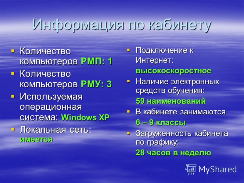 Информация по кабинету Количество компьютеров РМП: 1 Количество компьютеров РМП: 1 Количество компьютеров РМУ: 3 Количество компьютеров РМУ: 3 Используемая операционная система: Windows XP Используемая операционная система: Windows XP Локальная сеть: