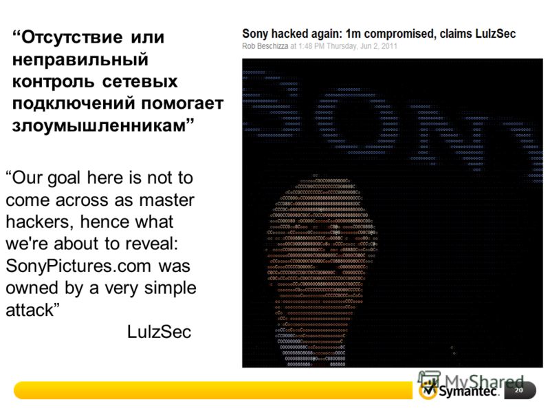 20 Our goal here is not to come across as master hackers, hence what we're about to reveal: SonyPictures.com was owned by a very simple attack LulzSec Отсутствие или неправильный контроль сетевых подключений помогает злоумышленникам