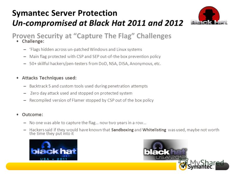 Symantec Server Protection Un-compromised at Black Hat 2011 and 2012 Challenge: – Flags hidden across un-patched Windows and Linux systems – Main flag protected with CSP and SEP out-of-the box prevention policy – 50+ skillful hackers/pen-testers from