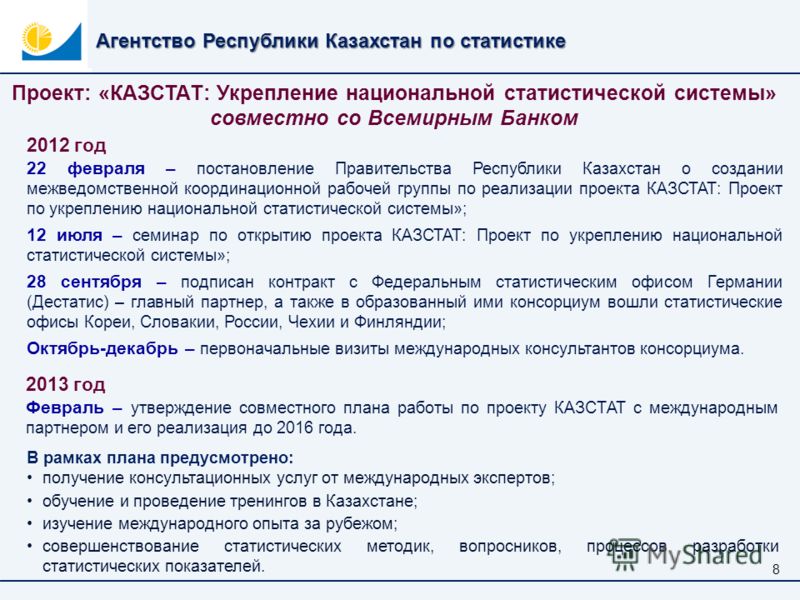 22 февраля – постановление Правительства Республики Казахстан о создании межведомственной координационной рабочей группы по реализации проекта КАЗСТАТ: Проект по укреплению национальной статистической системы»; 12 июля – семинар по открытию проекта К