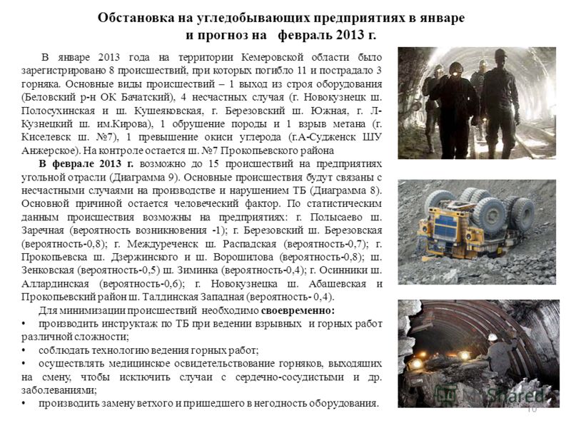 Обстановка на угледобывающих предприятиях в январе и прогноз на февраль 2013 г. В январе 2013 года на территории Кемеровской области было зарегистрировано 8 происшествий, при которых погибло 11 и пострадало 3 горняка. Основные виды происшествий – 1 в