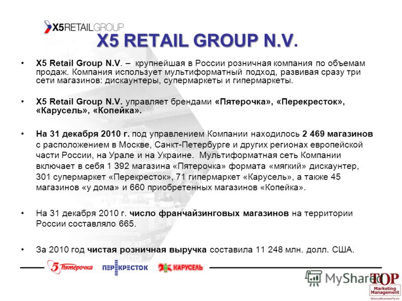 X5 RETAIL GROUP N.V X5 RETAIL GROUP N.V. X5 Retail Group N.V. – крупнейшая в России розничная компания по объемам продаж. Компания использует мультиформатный подход, развивая сразу три сети магазинов: дискаунтеры, супермаркеты и гипермаркеты. Х5 Reta