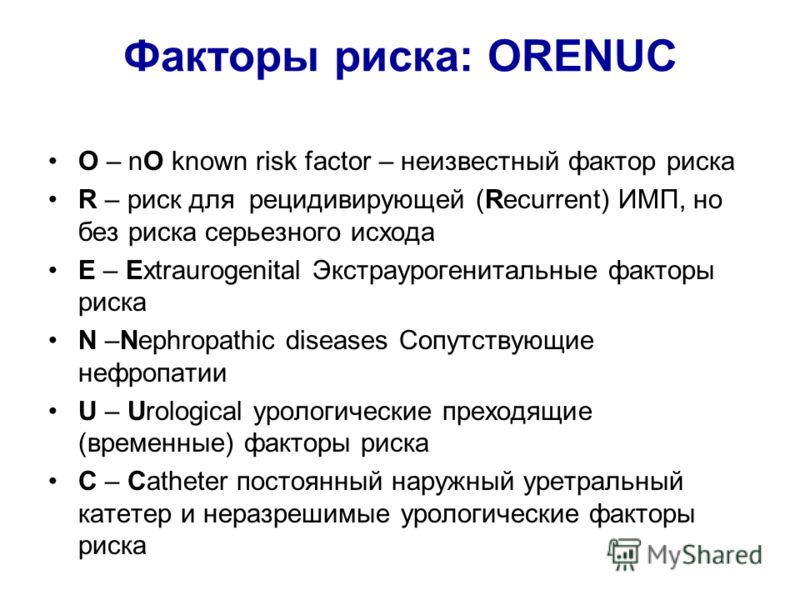 Факторы риска: ORENUC O – nO known risk factor – неизвестный фактор риска R – риск для рецидивирующей (Recurrent) ИМП, но без риска серьезного исхода E – Extraurogenital Экстраурогенитальные факторы риска N –Nephropathic diseases Сопутствующие нефроп