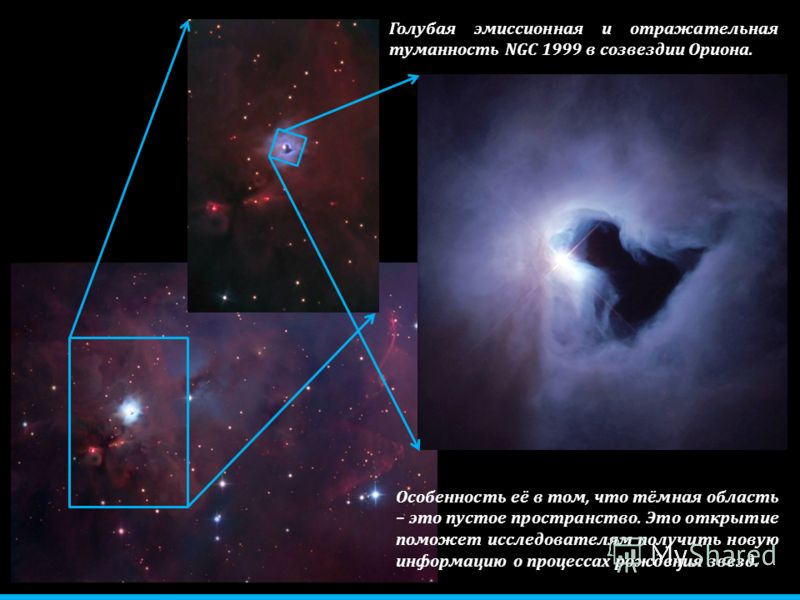 Голубая эмиссионная и отражательная туманность NGC 1999 в созвездии Ориона. Особенность её в том, что тёмная область – это пустое пространство. Это открытие поможет исследователям получить новую информацию о процессах рождения звезд.