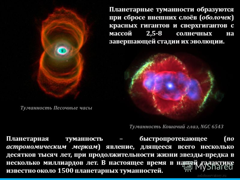 zelobservatory.ru Планетарные туманности образуются при сбросе внешних слоёв (оболочек) красных гигантов и сверхгигантов с массой 2,5-8 солнечных на завершающей стадии их эволюции. Туманность Кошачий глаз, NGC 6543 Планетарная туманность – быстропрот