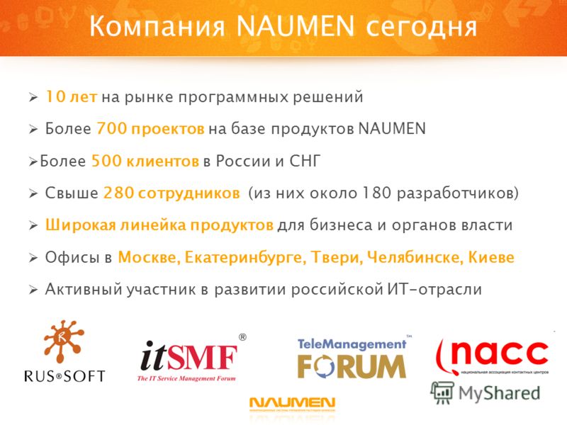 Компания NAUMEN сегодня 10 лет на рынке программных решений Более 700 проектов на базе продуктов NAUMEN Более 500 клиентов в России и СНГ Свыше 280 сотрудников (из них около 180 разработчиков) Широкая линейка продуктов для бизнеса и органов власти Оф