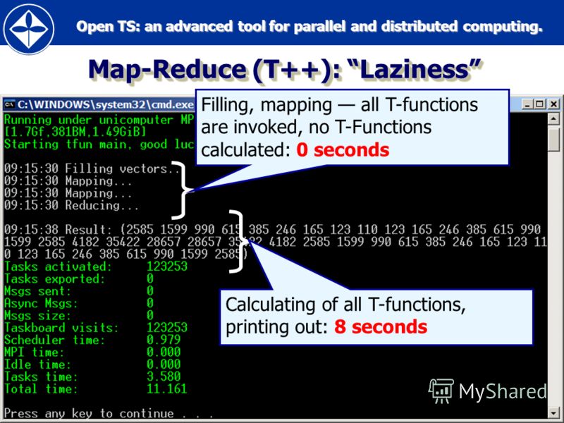 Open TS: an advanced tool for parallel and distributed computing. Open TS: an advanced tool for parallel and distributed computing.45 Map-Reduce (T++): Laziness Filling, mapping all T-functions are invoked, no T-Functions calculated: 0 seconds Calcul