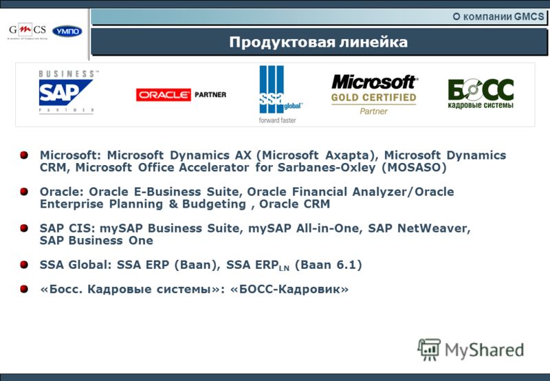 Microsoft: Microsoft Dynamics AX (Microsoft Axapta), Microsoft Dynamics CRM, Microsoft Office Accelerator for Sarbanes-Oxley (MOSASO) Oracle: Oracle E-Business Suite, Oracle Financial Analyzer/Oracle Enterprise Planning & Budgeting, Oracle CRM SAP CI