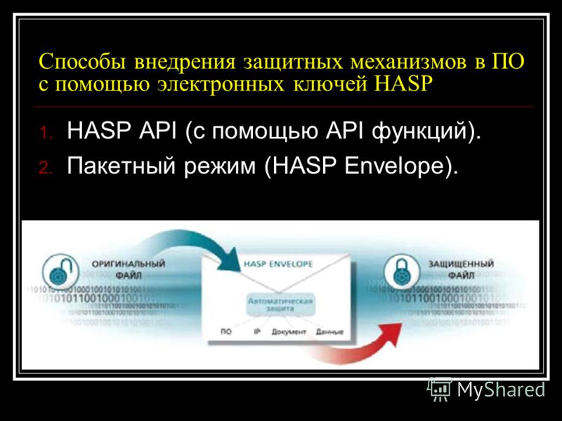 Способы внедрения защитных механизмов в ПО с помощью электронных ключей HASP 1. HASP API (с помощью API функций). 2. Пакетный режим (HASP Envelope).