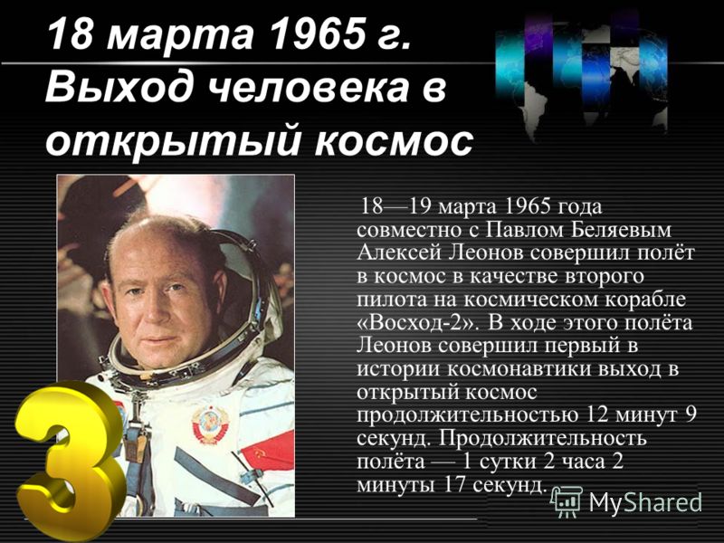 18 марта 1965 г. Выход человека в открытый космос 1819 марта 1965 года совместно с Павлом Беляевым Алексей Леонов совершил полёт в космос в качестве второго пилота на космическом корабле «Восход-2». В ходе этого полёта Леонов совершил первый в истори